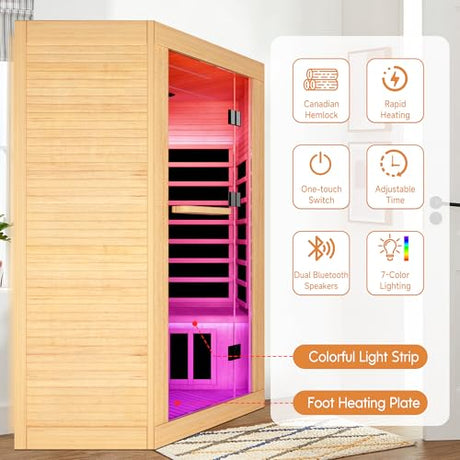 Indoor Sauna Two Person Far Infrared Saunas for Home 1 - 3 Person Wood Sauna Canadian Hemlock 2180W/110V Low EMF Dry Sauna Room with Oxygen Bar/7 Color Therapy/9 Heating Plates/Control Panel/Speaker HOSAUNA