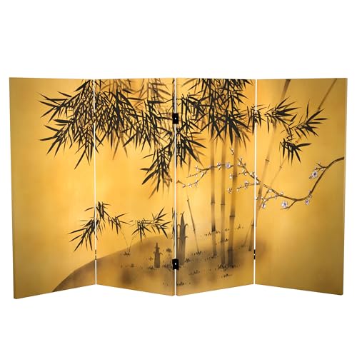 Red Lantern 3 ft. Short Double Sided Bamboo Tree Canvas Room Divider 4 Panel Freestanding Folding Privacy Screen Partition and Separator for Modern and Contemporary Bedroom Home Office Studio Dorm Red Lantern