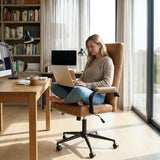 GXJ Brown Leather Office Chair with Wheels, Memory Foam Height Adjustable Computer Deak Chair, Rolling Swivel Executive Chair for Home Office GXJ