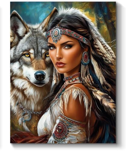 American Native Indian Woman and Wolf Paint by Numbers Kit for Adults, 16"x20" Canvas Painting Kit for Beginners, Modern Aesthetic DIY Paint by Number on Canvas for Home Wall Decor 86 WoodArtSupply