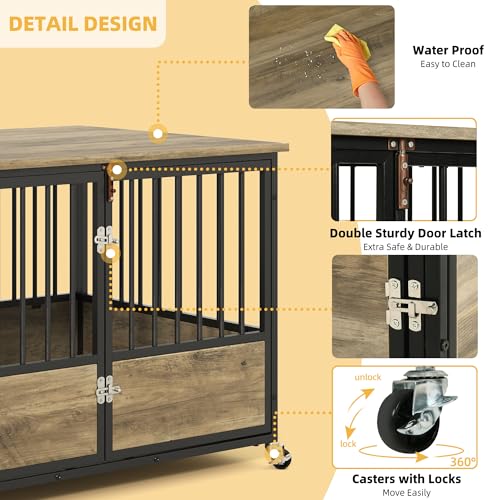 DWVO Dog Crate Furniture with Wheels, 43 Inch Dog Kennel Indoor Furniture End Table Dog Crate for Dogs, Farmhouse Decorative Wooden Dog Cage Table with Double-Doors, Chew-Resistant, Greige DWVO