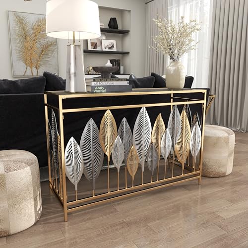 Deco 79 Metal Leaf Console Table with Mirrored Glass Top and Silver Accents, 44" x 16" x 30", Gold Deco 79