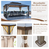 EROMMY 12' x 16' Gazebo Polycarbonate Double Roof Canopy Outdoor Aluminum Frame Pergola, Permanent Pavilion with Netting and Curtains for Garden Patio Lawns Parties EROMMY