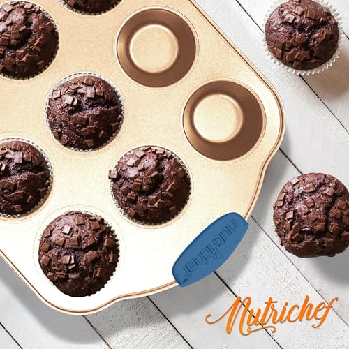 NutriChef 6-Piece Nonstick Bakeware Set - Premium Carbon Steel Baking Trays w/Heat-Safe Silicone Handles - Includes Loaf Pan, Muffin/Cupcake Pan, Round & Square Roaster Pans, Cookie Sheet - NCSBSG36