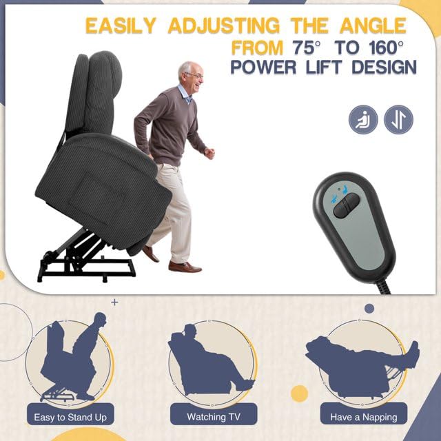 Electric Power Lift Recliner Chair with Massage for Elderly Corduroy Fabric Recliner Single Sofa with Cup Holders, Side Pockets and Remote Control for Living Room Bedroom (Gray) Furmax
