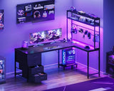 AODK L Shaped Gaming Desk with 4 Drawers, 59" Reversible Computer Desk with Hutch and Shelves, Gamer Desk with LED Lights, Power Outlets, Home Office Corner Desk with Gird Pegboard, Black AODK