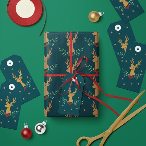 WRAPAHOLIC Christmas Wrapping Paper Roll - 17 Inch x 16.4 Feet per Roll - Dark Green Mini Roll, Reindeer Design Perfect for Christmas Holiday Gift Packing WRAPAHOLIC