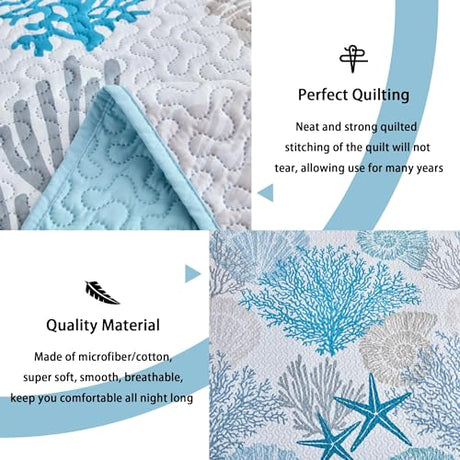 Tritard 3 Piece Coastal Quilt Sets Full/Queen Size - Reversible Microfiber Quilts with 2 Shams Soft Lightweight Beach Bedding Nautical Bedspread Coverlet Summer Comforter for All Season, 90''x96'', C1 Tritard