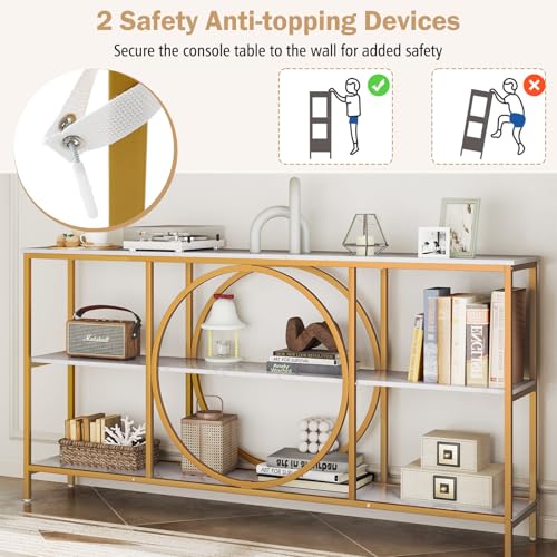 Giantex Narrow Long Console Table, 3-Tier Entryway Table with Faux Marble Top & Heavy-Duty Metal Frame, Mid-Century Accent Sofa Tables with Open Storage Shelves for Living Room, Hallway(White+Gold) Giantex