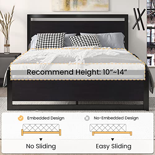 SHA CERLIN Queen Size Bed Frame with Modern Wooden Headboard/Heavy Duty Platform Metal Bed Frame with Square Frame Footboard & 13 Strong Metal Slats Support/No Box Spring