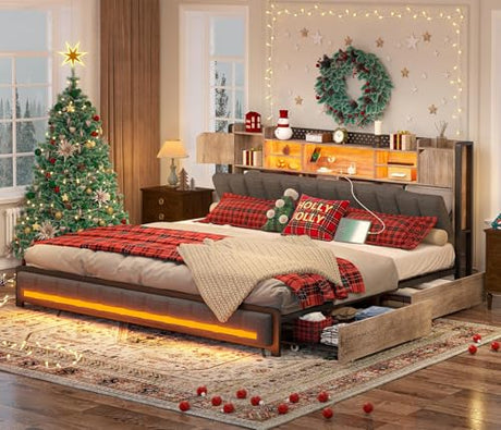 CSZZD King Size Bed Frame and Bookcase Headboard & Storage Drawers, LED Upholstered Platform Bed Frame King Size with USB Charging Station, No Box Spring Needed, Easy Assembly, Oak Gray CSZZD