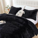 Smoofy Fluffy Queen Comforter Set, Faux Fur Black Comforter Set Queen Size, Luxury Fuzzy Bedding Set, Soft Shaggy Bed Set for All Season, 3 Pieces - 1 Comforter & 2 Pillowcases Smoofy