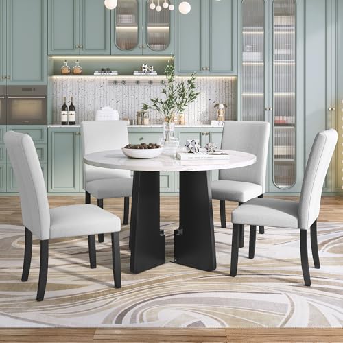 Merax 5-Piece Round Dining Table Set, Modern 4 Upholstered Chairs for Living,Kitchen Room, 43 Inch, Beige+White Merax