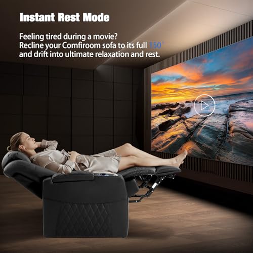 comfiroom Leather Home Theater Seating Classic Series Dual Power Electric Headrest Game Seats Movie Theater Chairs Theater Recliner Sofa with Type-C USB Charger (Black, Row of 3)