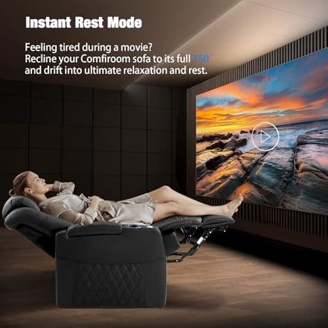 comfiroom Leather Home Theater Seating Classic Series Dual Power Electric Headrest Game Seats Movie Theater Chairs Theater Recliner Sofa with Type-C USB Charger (Black, Row of 3) comfiroom