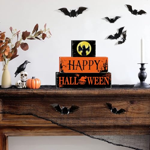 Halloween Black Cat Wooden Table Signs 3 Layered, Happy Halloween Sign Decorations, Spooky Wooden Ornaments Rustic Wooden Blocks Tabletop Decor for Home Tiered Tray Table Shelf Decor CIOEY