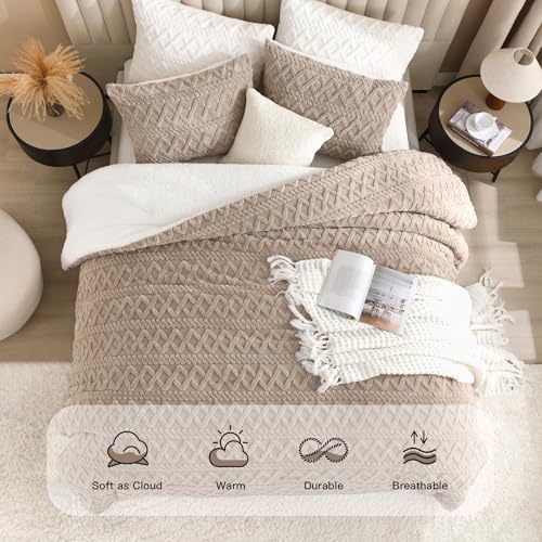 Andency Fluffy Sherpa Full Comforter Set, Super Soft Khaki Fleece Warm Bedding for Winter, Luxury Jacquard Boho Thick Fuzzy Plush Bed Set 3 Pieces(1 Shaggy Comforter, 2 Pillowcases) Andency