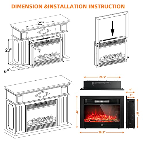 LDAILY 28" Electric Fireplace, Wall Mounted/Recessed, 3-Color Flame, 5 Brightness, 8H Timer & Remote Control, 750/1500W Freestanding Fireplace Insert Heater, Black (28.5 inches) LDAILY