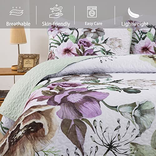 Drucon Floral Quilt Set Twin 2 Pieces Boho Green Floral Quilt Coverlet Set Soft Microfiber Lightweight Green Quilted Bedspread for All Season 68"x 86" Drucon