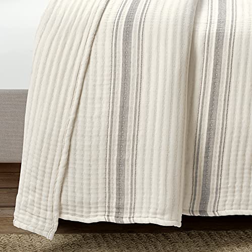 Lush Decor Farmhouse Stripe Kantha Pick Stitch Cotton Quilt/ Coverlet Single King, Gray - Striped Bedding King Quilt - King Blanket For Bed Lush Decor