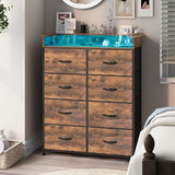 Welfuturer Tall Dresser for Bedroom with Charge Station 8 Drawers Dresser with LED Lights Chest Organizer Units for Hallway Entryway Closets Sturdy Steel Frame Wood Top Easy Pull Handle Rustic Brown Welfuturer