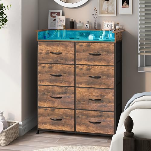 Welfuturer Tall Dresser for Bedroom with Charge Station 8 Drawers Dresser with LED Lights Chest Organizer Units for Hallway Entryway Closets Sturdy Steel Frame Wood Top Easy Pull Handle Rusti - WoodArtSupply