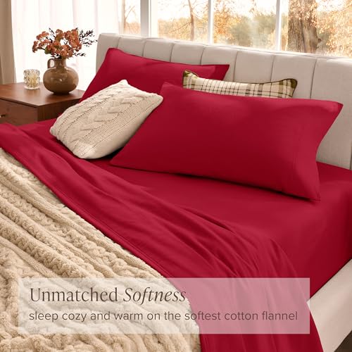 Bare Home Organic Cotton Flannel Sheet Set - Twin XL Size - 100% Cotton - Double Brushed for Extra Softness & Comfort - Warm, Cozy, and Durable - Breathable - Bed Sheets (Twin, Red) Bare Home
