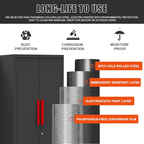 HPDMC Garage Storage Cabinet System 9-Pcs Workshop Set Garage Cabinets and Storage System with Steel Cabinet Drawers, Rolling Chest, Workbench, Pegboard for Garage Tool Organization, Black and Red HPDMC