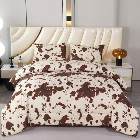 PERFEMET Cow Print King Size Comforter Set Brown and Beige Western Bedding Set Cartoon Animal Pattern Farmhouse Bed Set for Teens Boys Girls Men Women (Beige,King) PERFEMET
