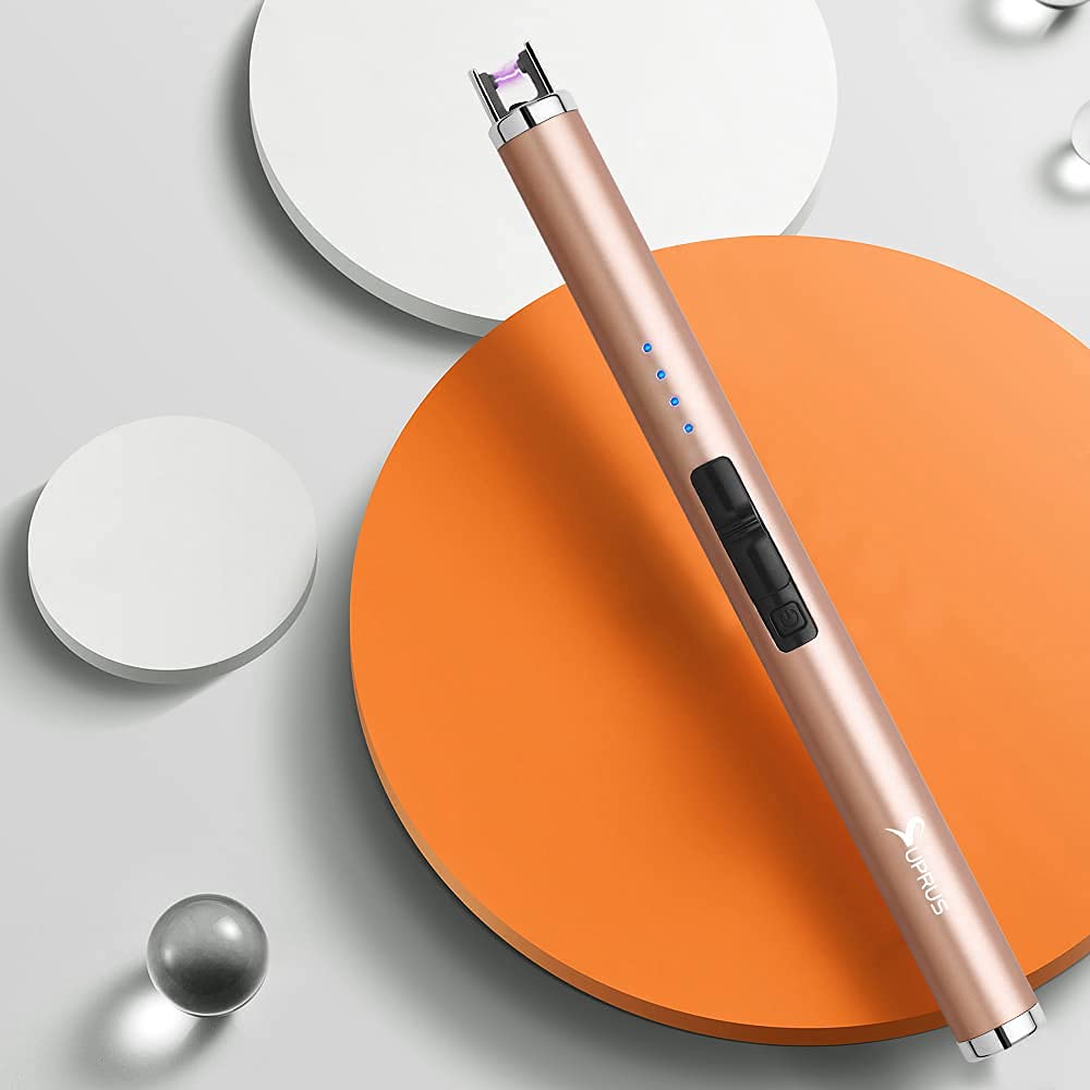 SUPRUS Electric Lighter Candle Type C Rechargeable Lighter with Upgraded LED Battery Display Safety Switch Flameless Plasma Windproof for Candle Cooking BBQs Fireworks (Champagne Gold) SUPRUS