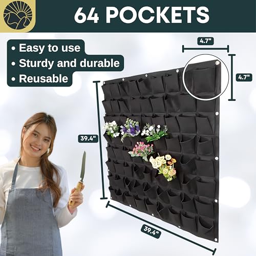 SunVara Vertical Wall Planter Vertical Garden Wall Living Wall Planters Outdoor Wall Garden Planter Outdoor Vertical Wall Planters for Outdoor Plants Wall Pocket Planter Hanging Grow Bags 64 Pockets SunVara