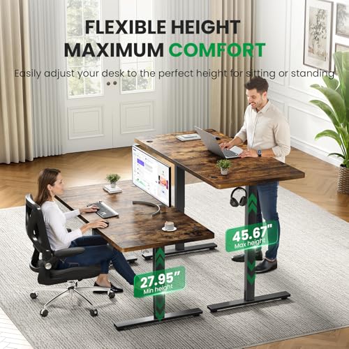 DeskShow 1 Inch Thick Tabletop Electric Standing Desk Adjustable - 60x28 Inch Sit Stand Desk, Double Beam Frame, 3 Memory Height Adjustment, Cable Management for Home Office DeskShow