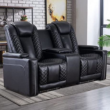 CANMOV Home Theater Seating, Electric Power Recliner Chairs with USB Ports and Cup Holders, Breathable Faux Leather Recliner Set with Hidden Arm Storage, Ambient Lighting (Row of 2, Black) CANMOV