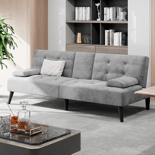 Shintenchi Futon Sofa Bed, Velvet Foldable Couch Reclining Sleeper w/Removable Armrests, Upholstered Loveseat w/Folding Cup Holders for Home, Office, Light Gray Shintenchi