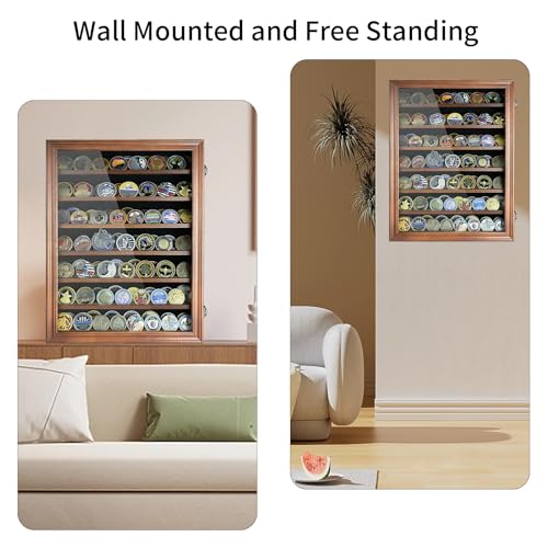 DecoWoodo 7 Rows Challenge Coin Display Case - Holds 100 Coins, Solid Wood Military Coin Holder Display Cabinet with HD Glass, Wall Mountable Shadow DecoWoodo