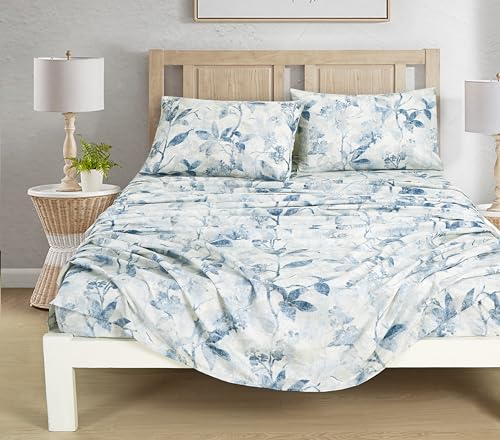 Chezmoi Collection Monica 3-Piece Tropical Floral Bed Sheet Set - Blue Gray White Textured Floral Printed Microfiber 14-Inches Deep Pocket Sheets & Pillowcases Set, Twin Chezmoi Collection