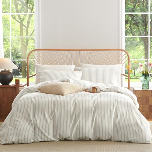 Nayoroom Striped Duvet Cover Queen Size 100% Washed Cotton White Brown Stripe Duvet Cover 3 Pieces Soft Breathable Girls Dorm Bedding Set for All Seasons, Yarn Dyed Process Nayoroom