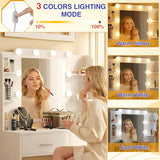 ‌FDW Vanity Desk with Mirror and Lights, 2-Drawer Makeup Vanity Desk with 3 Adjustable Light Colors, 6 Shelves and Power Outlets for Bedroom, White FDW