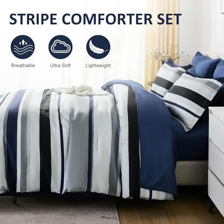 WONGS BEDDING Queen Comforter Set, 7 Pieces Navy Blue Comforter Set Queen Size, Soft Striped Bed in a Bag Bedding Set with Comforter, Flat Sheet, Fitted Sheet, Pillow Shams, Pillowcase WONGS BEDDING