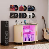 KSOBEBVT Record Player Stand with Vinyl Storage - Turntable Stand with Record Storage, Vinyl Record Stand Table, Media Cabinet w/Charging Station, LED Lights & Sliding Door (Natural, 39") KSOBEBVT