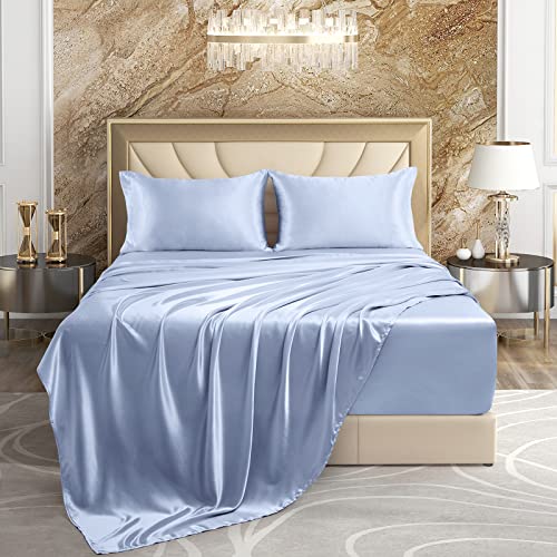 VACVELT 4pcs Extra Deep Pocket Queen Size Bedding Set, Baby Blue Luxury Satin Sheet Set Fit 18-24 Inch Deep Pocket Mattress, Soft & Ultra Deep Fitted Sheet Set VACVELT