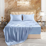 VACVELT 4pcs Extra Deep Pocket Queen Size Bedding Set, Baby Blue Luxury Satin Sheet Set Fit 18-24 Inch Deep Pocket Mattress, Soft & Ultra Deep Fitted Sheet Set VACVELT