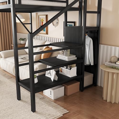 KEIKI Twin Size Metal Loft Bed Frame with Convertible Staircase, Built-in Storage Shelves & Wardrobe, Loft Bed with Solid Slats & Guardrail, No Box Spring Required, Easy Assembly, for Bedroom, Black KEIKI