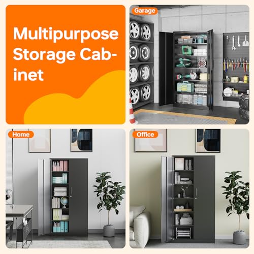 NODHM Metal Storage Cabinets with Lock, 71" Garage Storage Cabinet with 2 Door and 5 Adjustable Shelves, Steel Lockable Tool Cabinets for Home, Office, Gym, Garage NODHM
