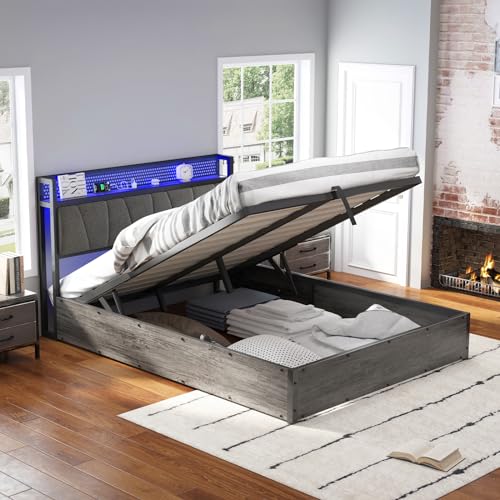 AMERLIFE Queen Size Lift Up Bed Frame with Linen Upholstered & LED Light & Storage Headboard, Platform Bed Frame with Charging Station, No Box Spring Needed, Noisy Free, Rustic Grey - WoodArtSupply