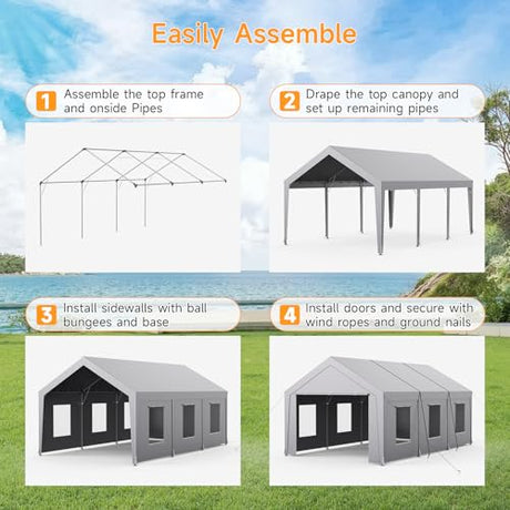 Carport 12x20 ft Heavy Duty, Car Port with Reinforced Steel Frame and 6 Roll-up Windows, Portable Garage with Removable Sidewalls, Water-Proof All-Season Car Canopy for Boat, Truck, Light Grey ONBRILL