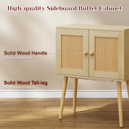Sideboard Buffet Kitchen Storage Cabinet , Small Coffee Bar Cabinet with Rattan Doors and Tall Solid Wood Legs, Boho Accent Media Console Credenza Cabinet for Entryway,Living Room,Kitchen, Small Space Cidaziya