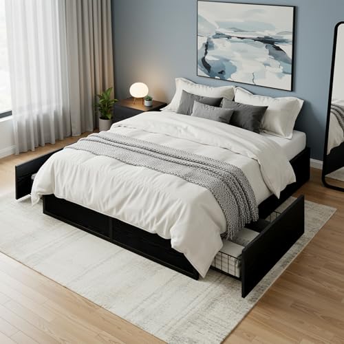 Allewie Full Size Metal Bed Frame with 2 Storage Drawers, Heavy-Duty Steel Frame with MDF Wood Panels, Flexible Drawer Placement, Easy Assembly, Noise-Free Support, Black Allewie