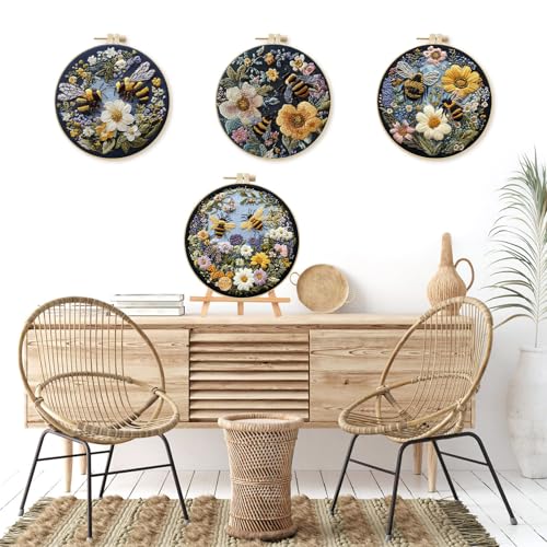 LB 4 Pack Yellow Bee Floral Embroidery Kit for Beginners Green Plant Beginner Embroidery Kit for Adults DIY Starter Kit with Embroidery Hoop Colorful Threads Tools Step by Step Instructions