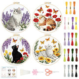 BEUNITONE 4 Set Embroidery Kit for Beginners, Cat and Butterfly Pre-Stamped Pattern Needlepoint Kits for Adults with Hoop and Instruction, Cute Hand Embroidery Patterns for Cloth and Home Decor
